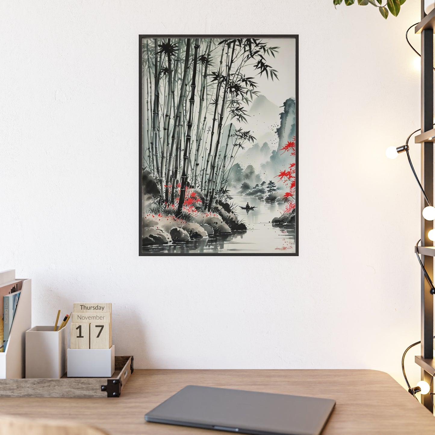 Sumi-e Art - Bamboo Pond • Traditional Japanese Art • Framed