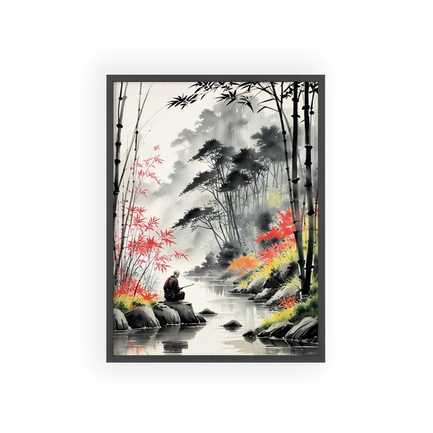 Sumi-e Art - Calm fishing spot • Traditional Japanese Art • Framed