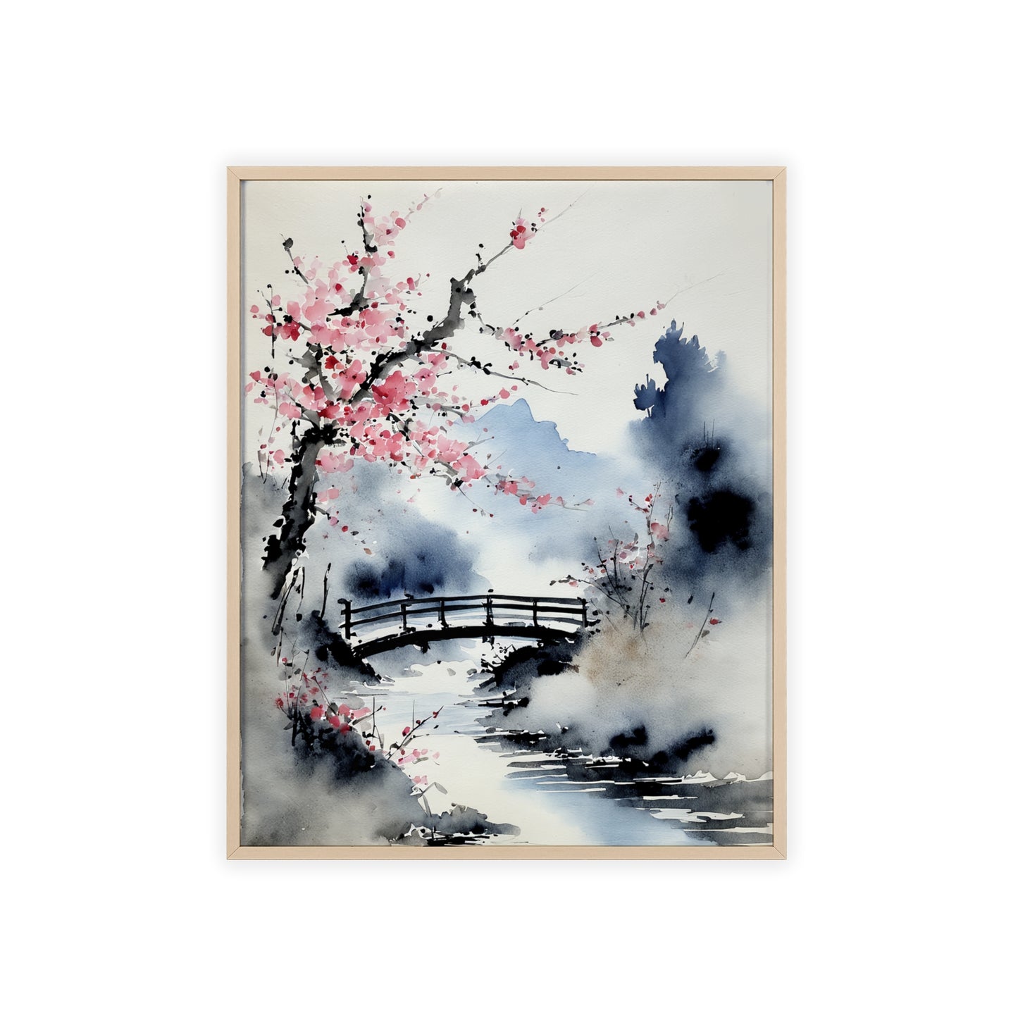 Sumi-e Art - The bridge • Traditional Japanese Art • Framed