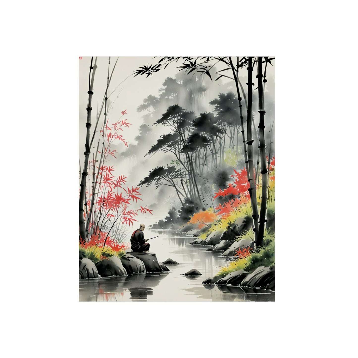 Sumi-e Art - Calm fishing spot 🇩🇪 GER Shipping - Traditional Japanese Art on Metal Poster