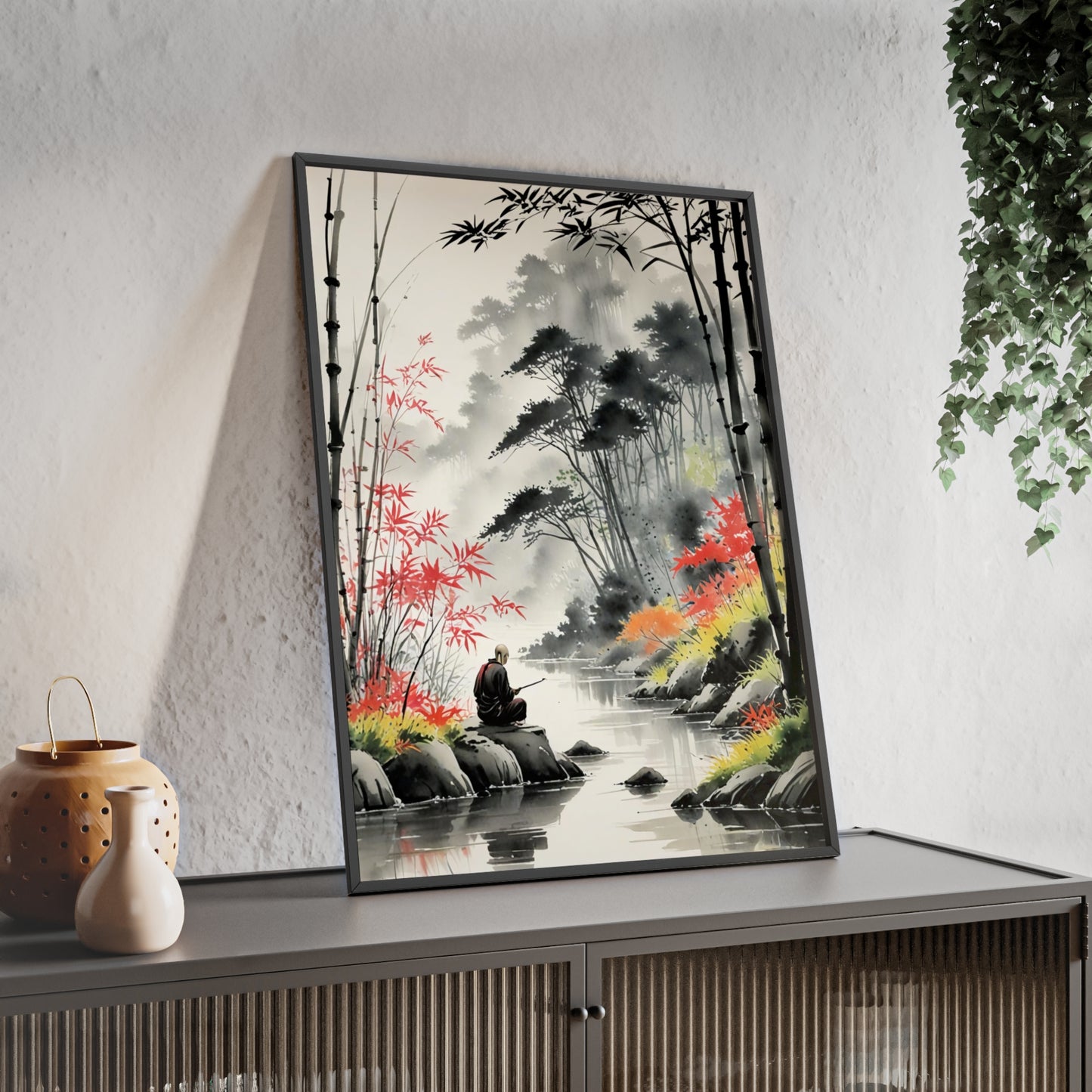 Sumi-e Art - Calm fishing spot • Traditional Japanese Art • Framed