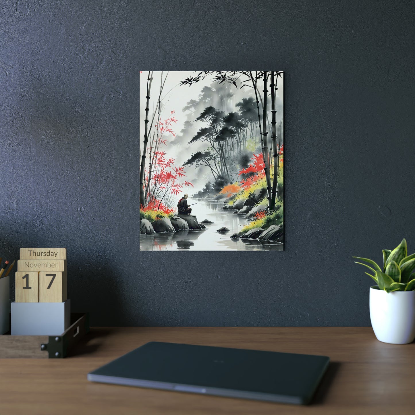 Sumi-e Art - Calm fishing spot 🇩🇪 GER Shipping - Traditional Japanese Art on Metal Poster