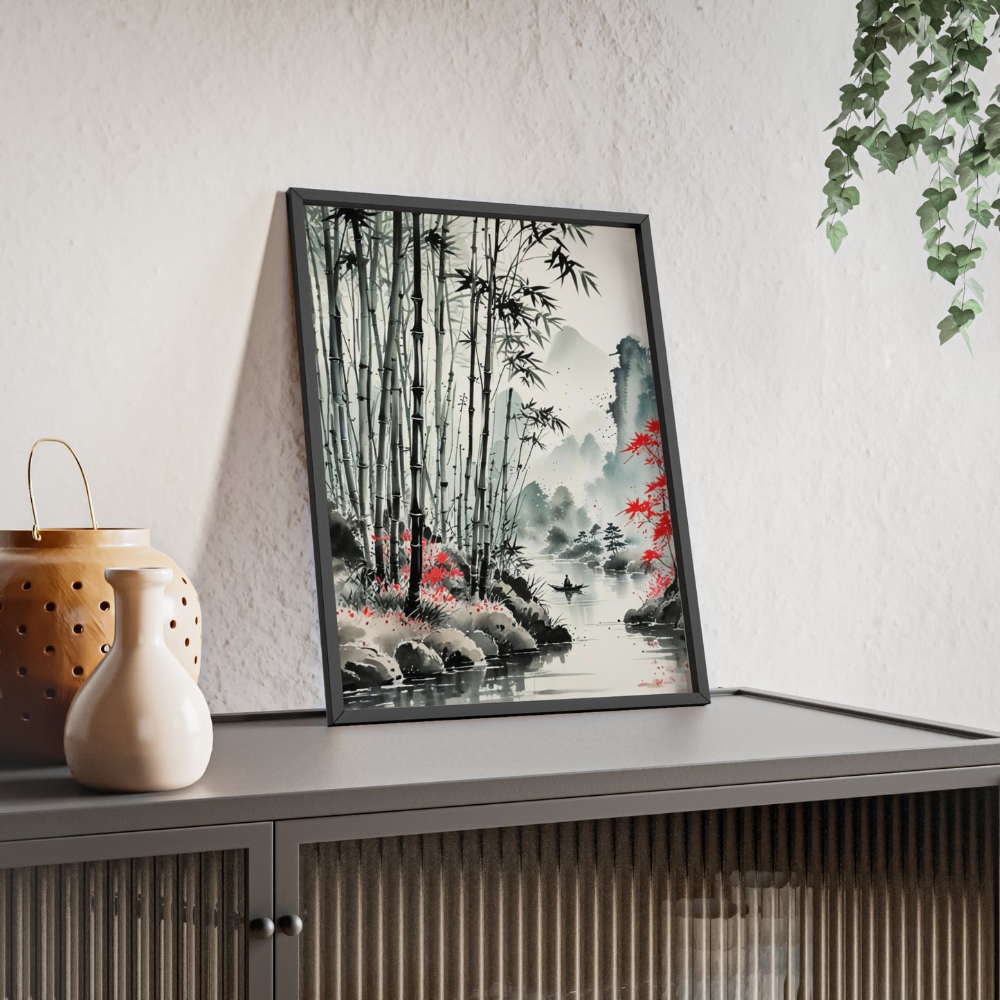 Sumi-e Art - Bamboo Pond • Traditional Japanese Art • Framed