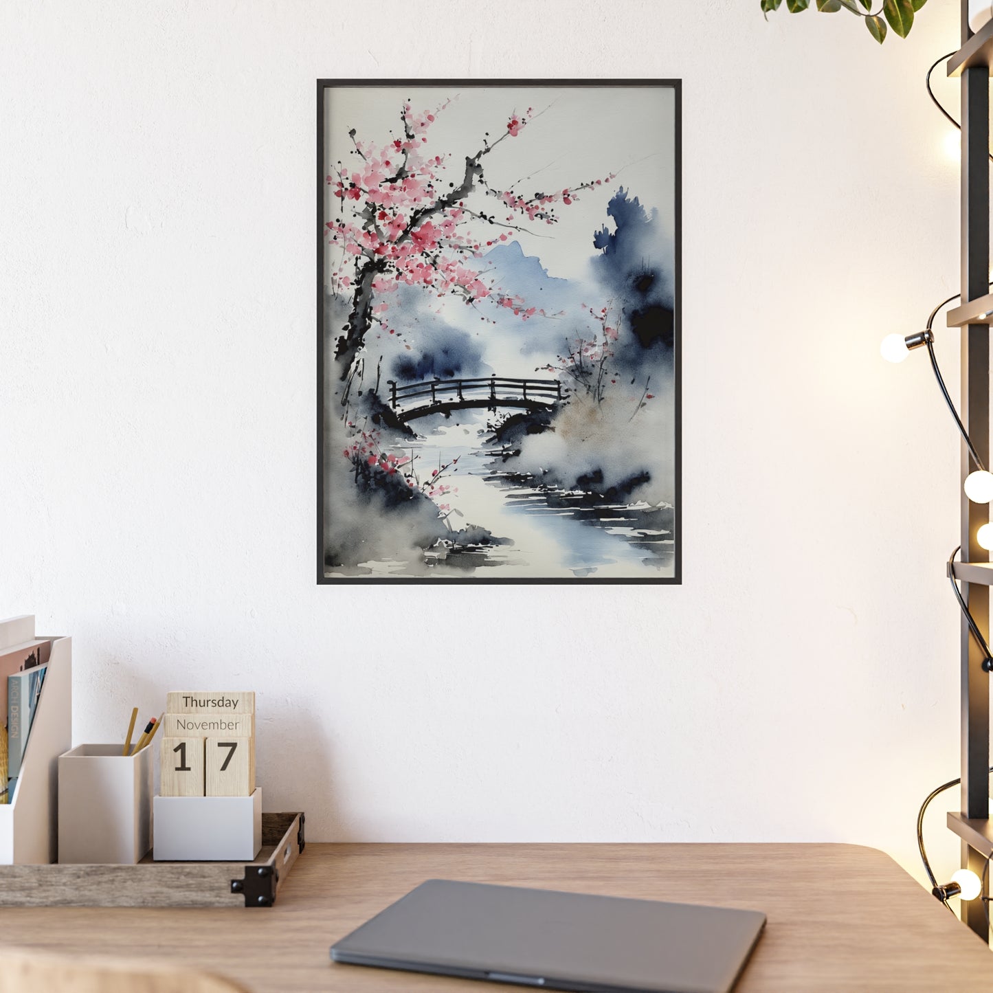 Sumi-e Art - The bridge • Traditional Japanese Art • Framed