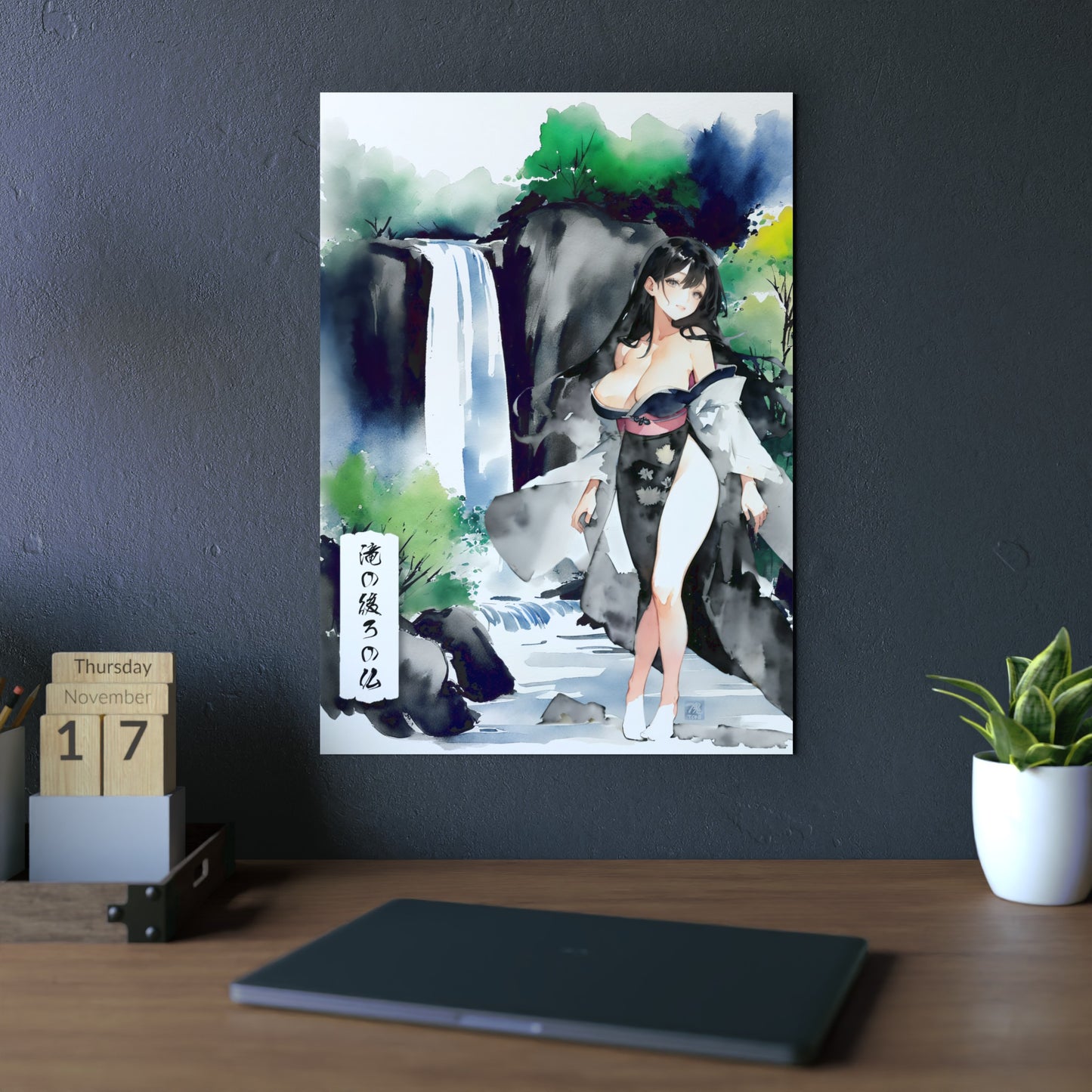 Sumi-e Art - Buddha behind the Waterfall 🇩🇪 GER Shipping - Traditional Japanese Art on Metal Poster