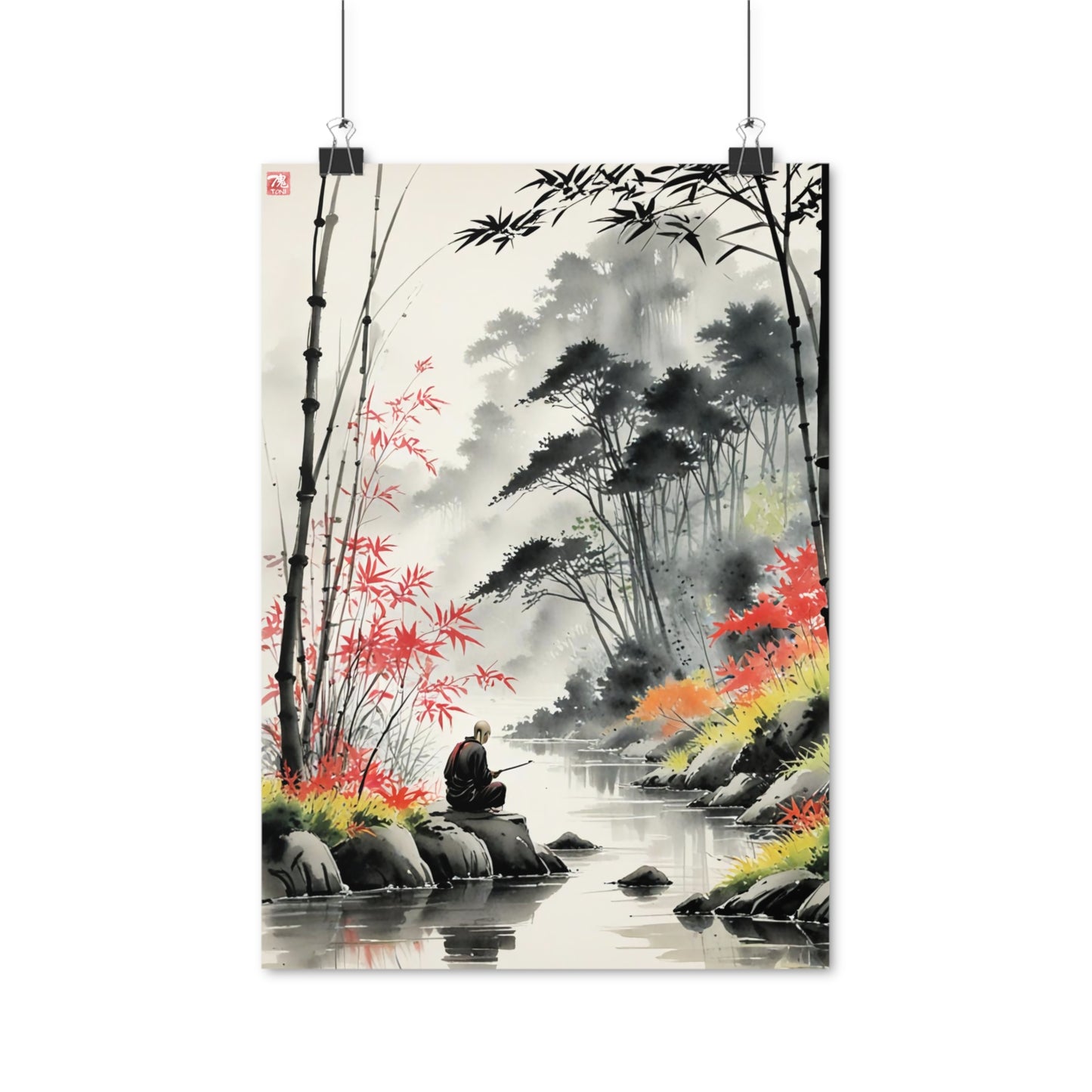 Sumi-e Art - Calm fishing spot • Traditional Japanese Art on high quality poster