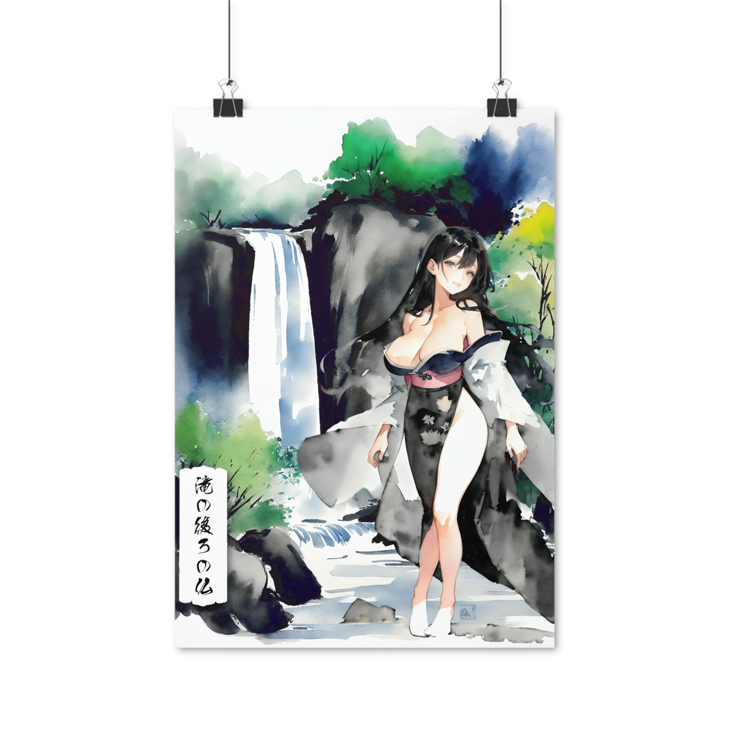 Sumi-e Art - Buddha behind the Waterfall • Traditional Japanese Art on high quality poster