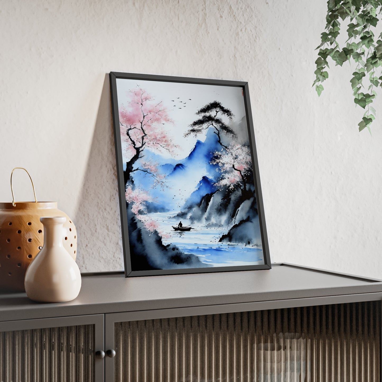 Sumi-e Art - Silent waters • Traditional Japanese Art • Framed