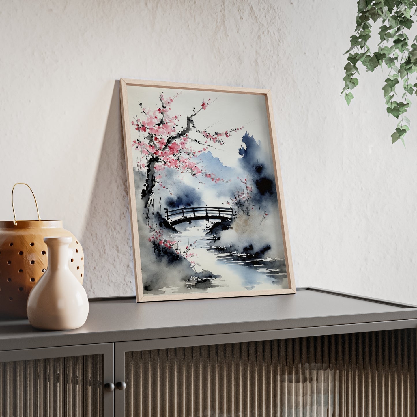 Sumi-e Art - The bridge • Traditional Japanese Art • Framed