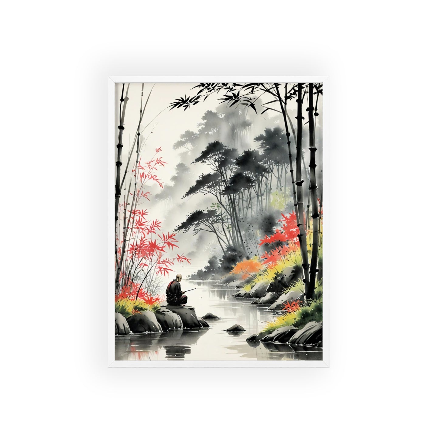 Sumi-e Art - Calm fishing spot • Traditional Japanese Art • Framed