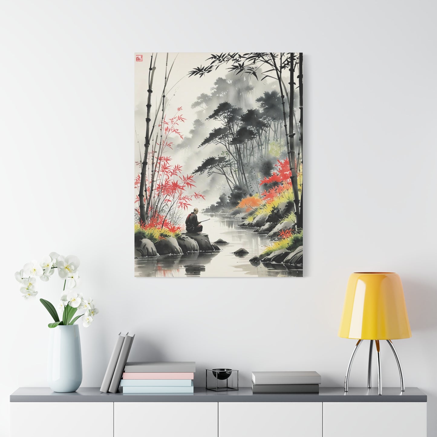 Sumi-e Art - Calm fishing spot • Traditional Japanese Art on high quality Canvas