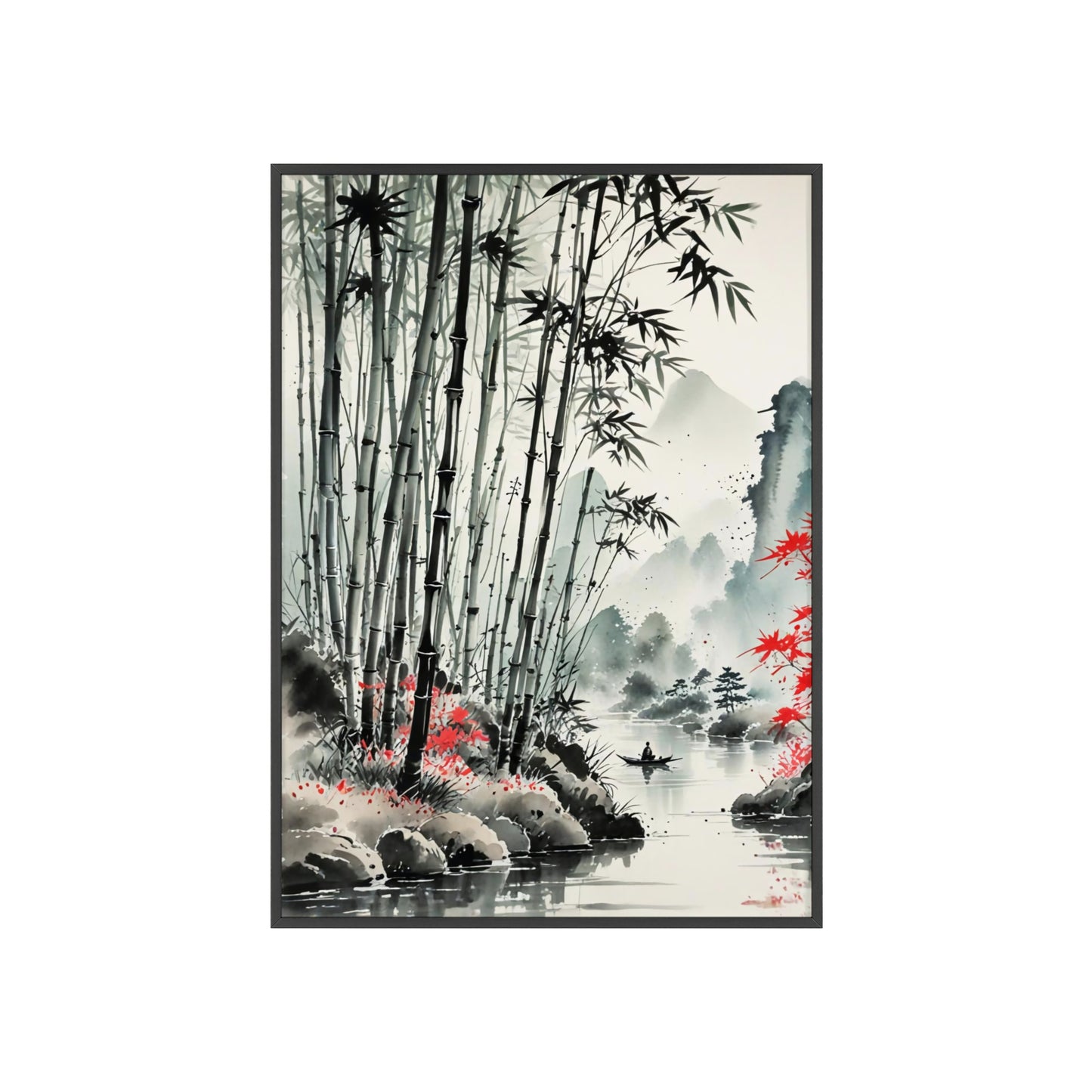 Sumi-e Art - Bamboo Pond • Traditional Japanese Art • Framed