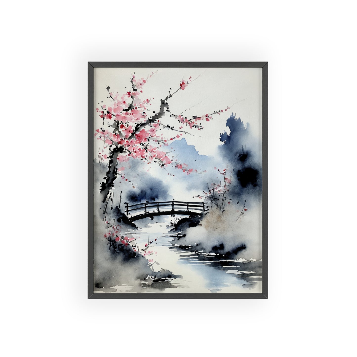 Sumi-e Art - The bridge • Traditional Japanese Art • Framed