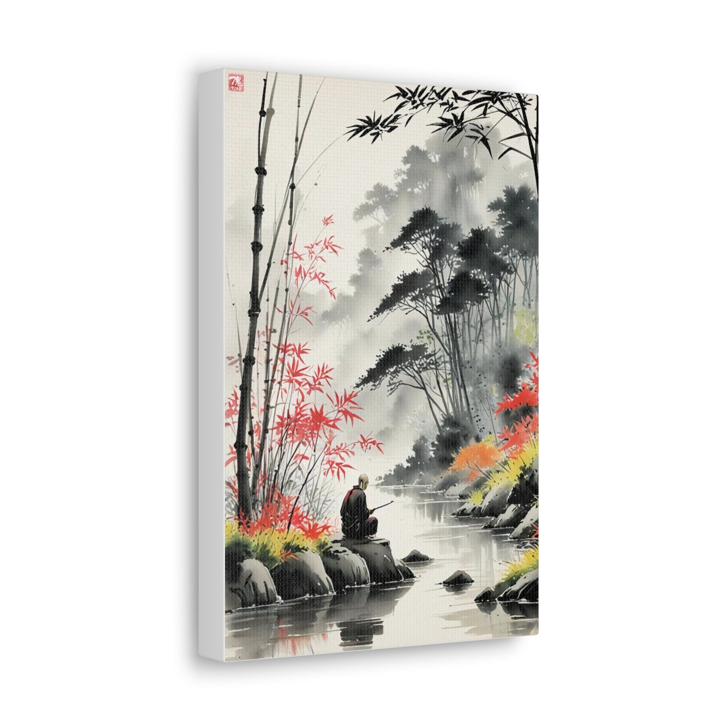 Sumi-e Art - Calm fishing spot • Traditional Japanese Art on high quality Canvas