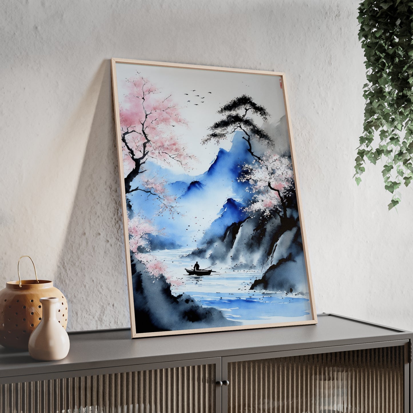 Sumi-e Art - Silent waters • Traditional Japanese Art • Framed