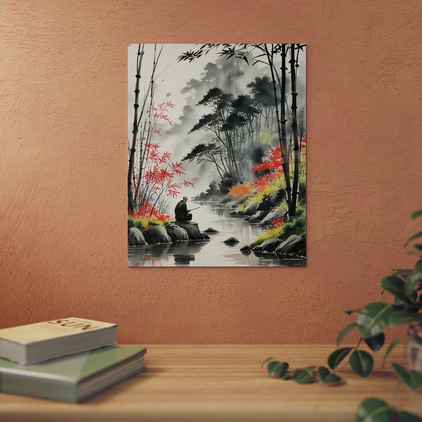 Sumi-e Art - Calm fishing spot 🇩🇪 GER Shipping - Traditional Japanese Art on Metal Poster