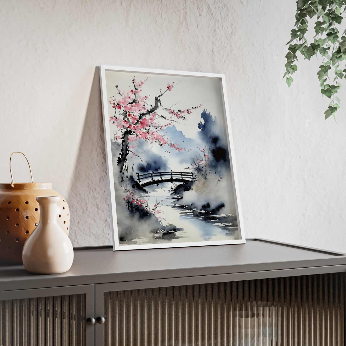 Sumi-e Art - The bridge • Traditional Japanese Art • Framed