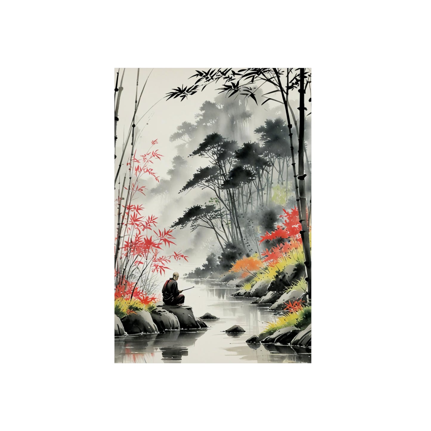 Sumi-e Art - Calm fishing spot 🇩🇪 GER Shipping - Traditional Japanese Art on Metal Poster