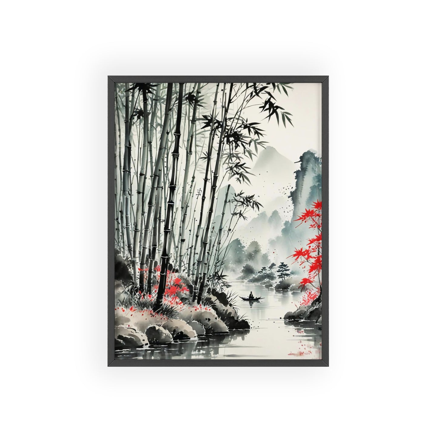 Sumi-e Art - Bamboo Pond • Traditional Japanese Art • Framed