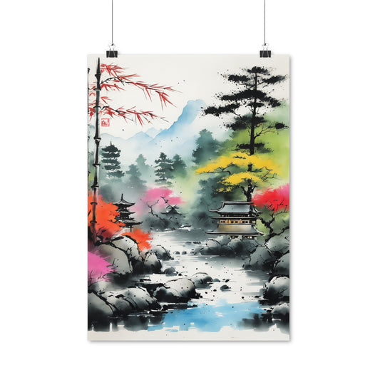 Sumi-e Art - Shambala Lake • Traditional Japanese Art on high quality poster