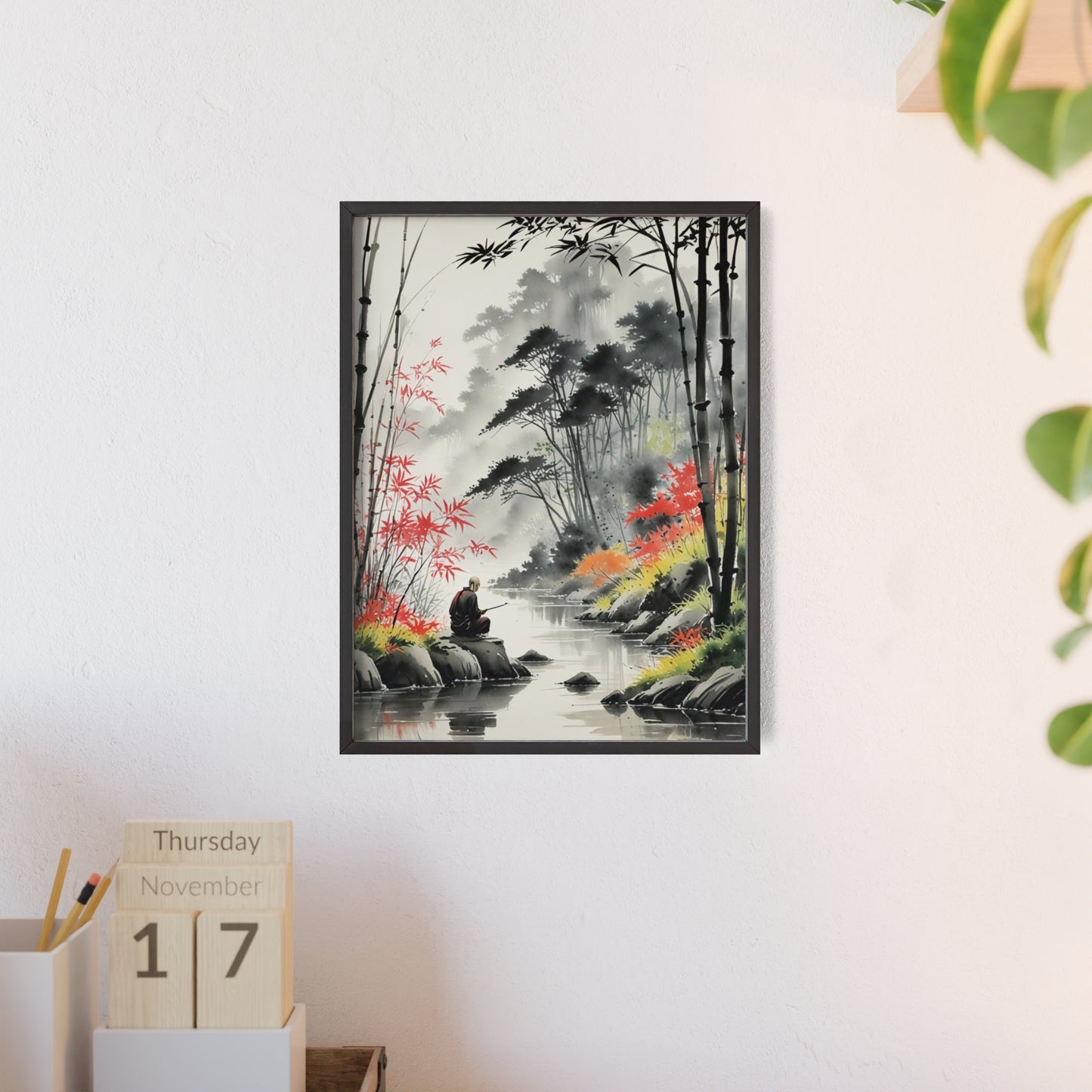 Sumi-e Art - Calm fishing spot • Traditional Japanese Art • Framed