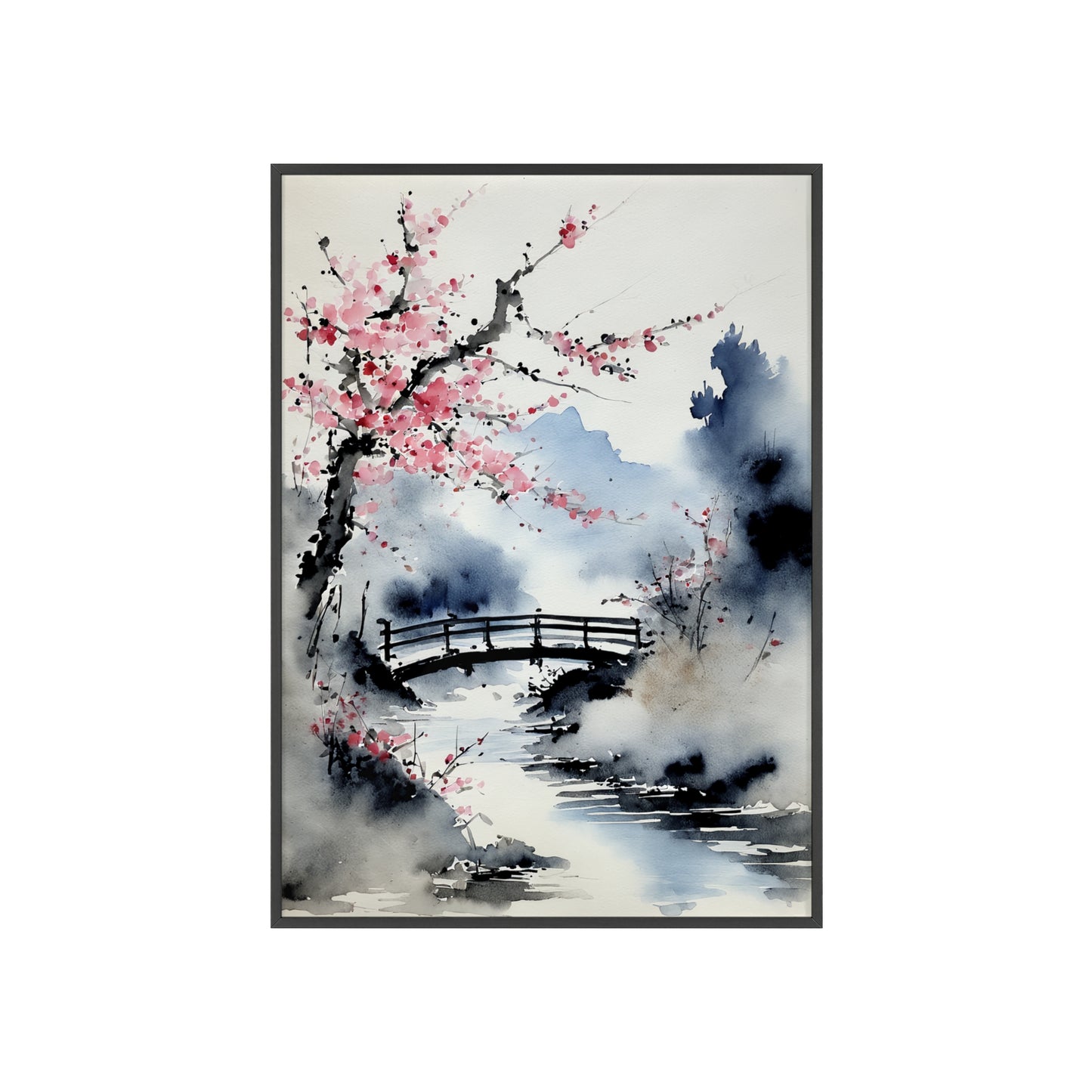 Sumi-e Art - The bridge • Traditional Japanese Art • Framed