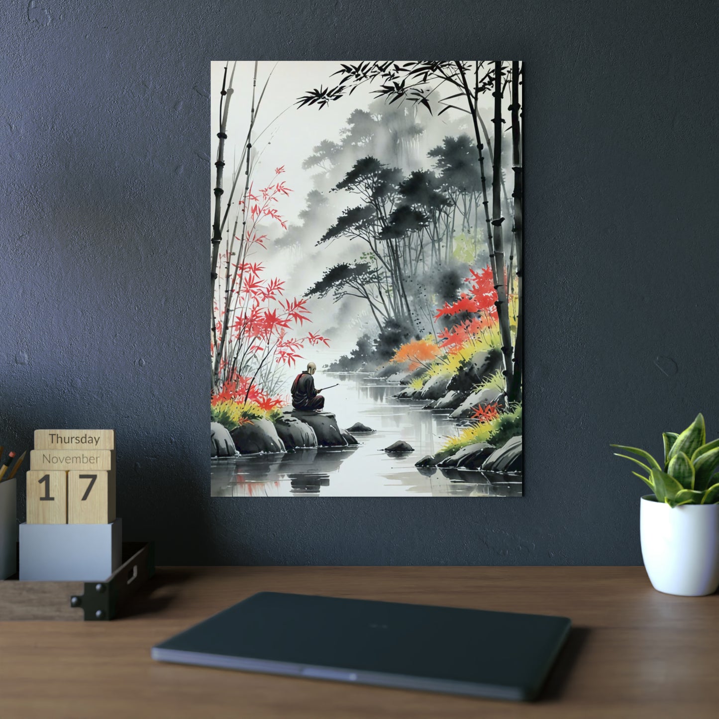 Sumi-e Art - Calm fishing spot 🇩🇪 GER Shipping - Traditional Japanese Art on Metal Poster