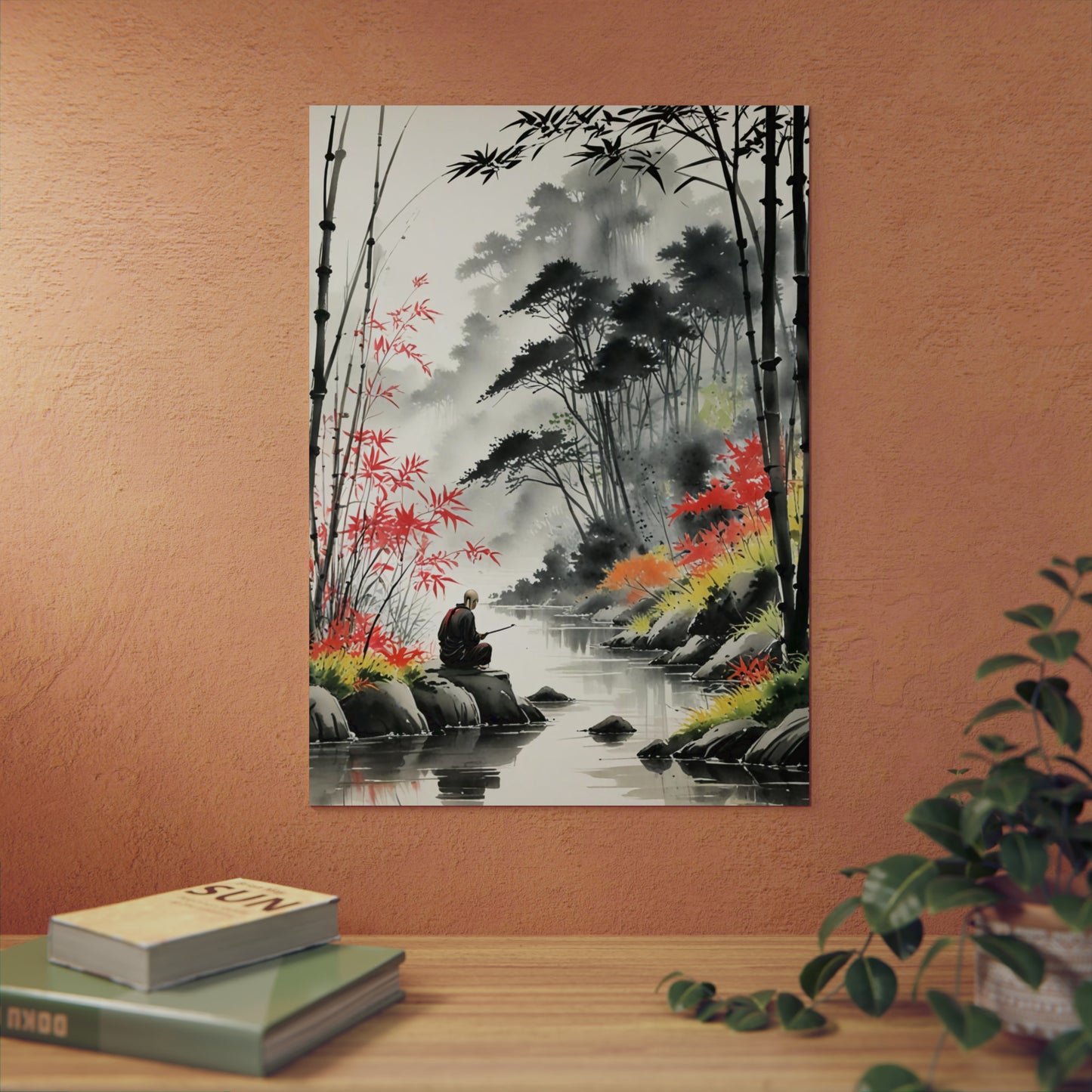 Sumi-e Art - Calm fishing spot 🇩🇪 GER Shipping - Traditional Japanese Art on Metal Poster