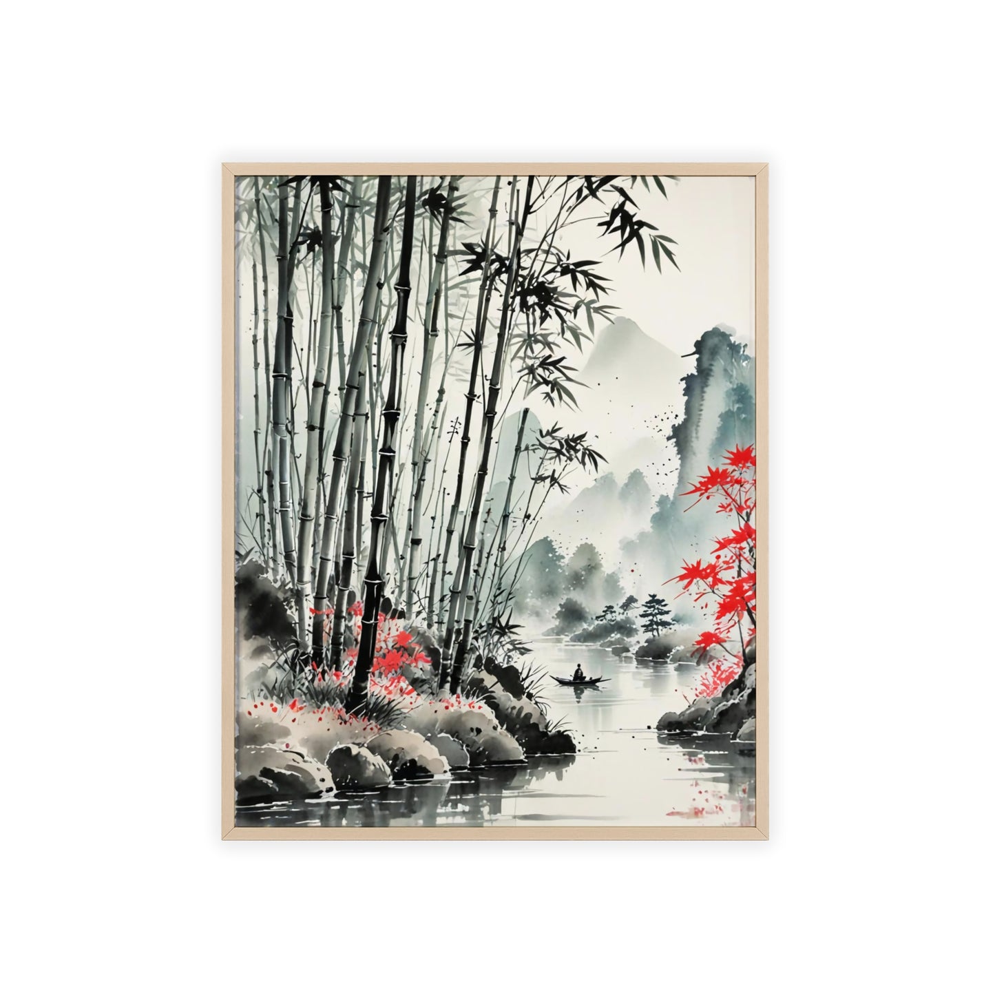 Sumi-e Art - Bamboo Pond • Traditional Japanese Art • Framed