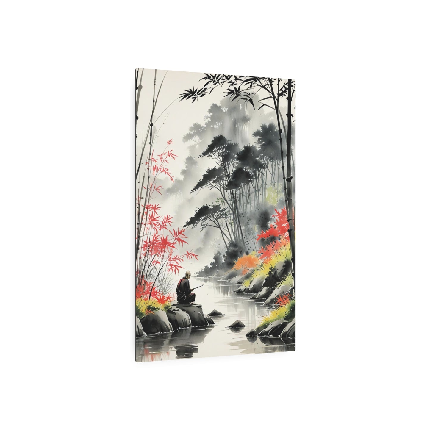 Sumi-e Art - Calm fishing spot 🇺🇸 US Shipping - Traditional Japanese Art on Metal Poster