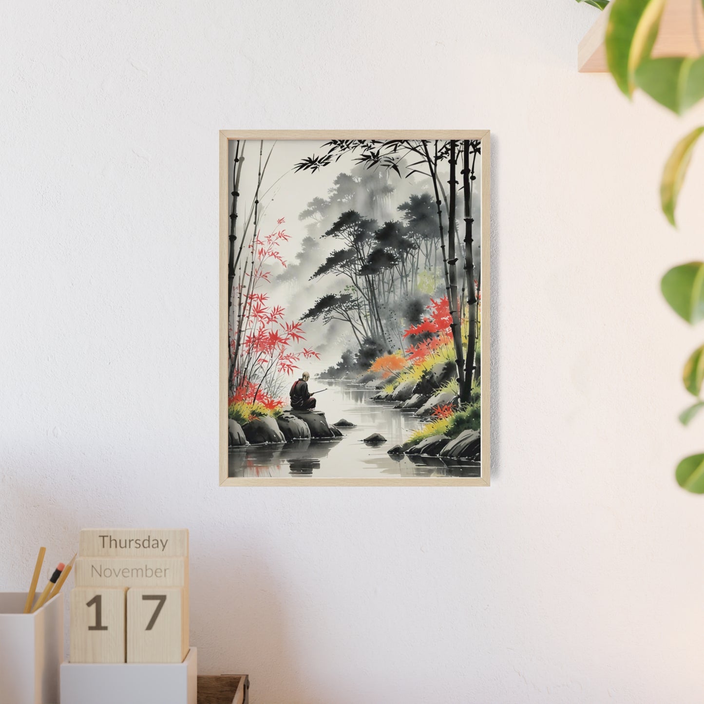 Sumi-e Art - Calm fishing spot • Traditional Japanese Art • Framed