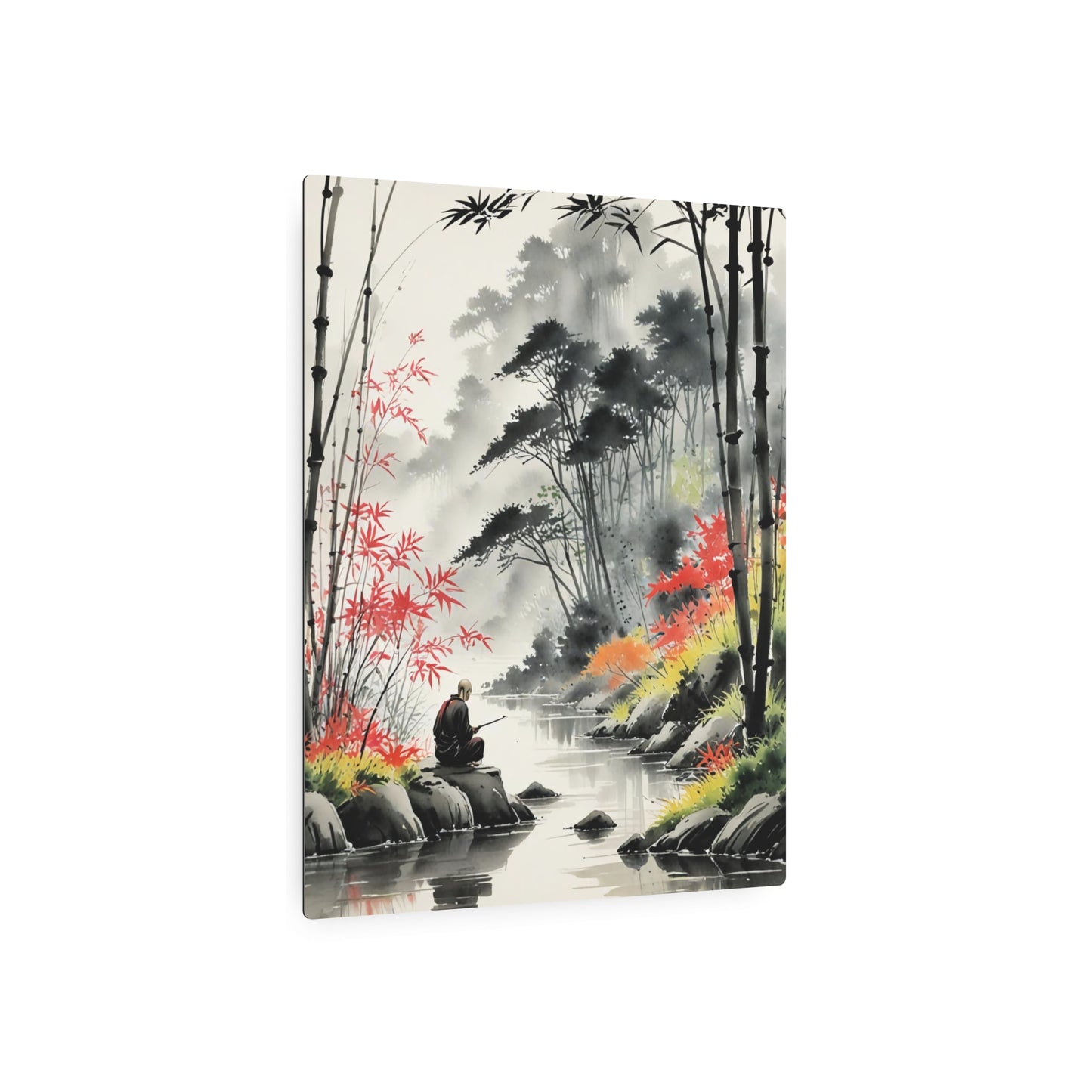 Sumi-e Art - Calm fishing spot 🇺🇸 US Shipping - Traditional Japanese Art on Metal Poster