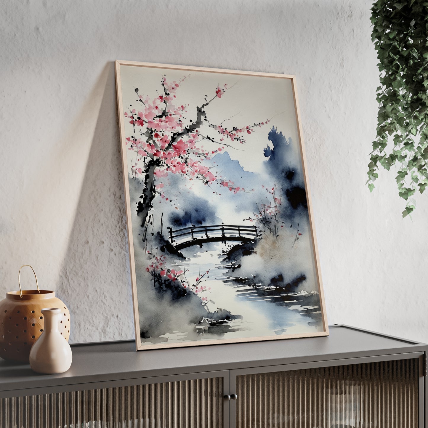 Sumi-e Art - The bridge • Traditional Japanese Art • Framed