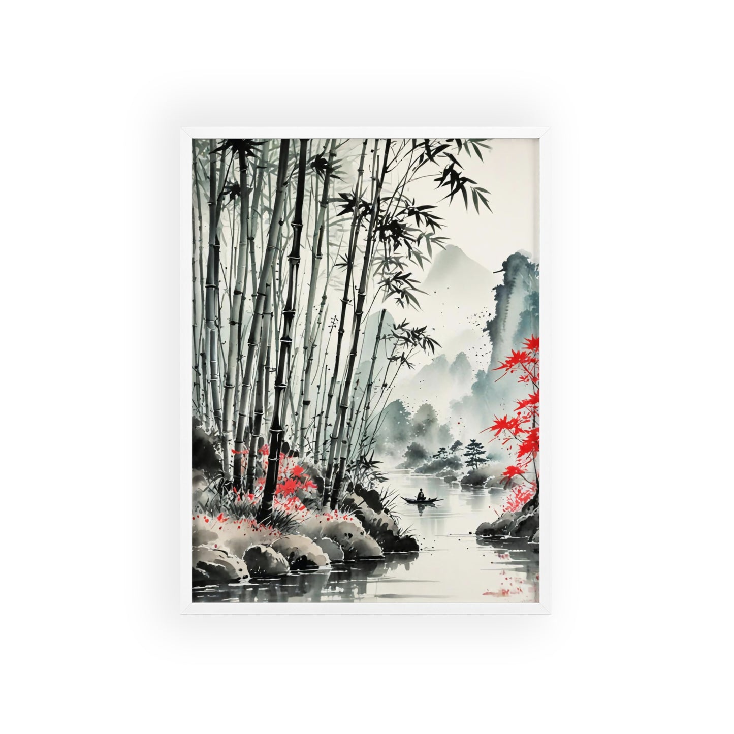 Sumi-e Art - Bamboo Pond • Traditional Japanese Art • Framed