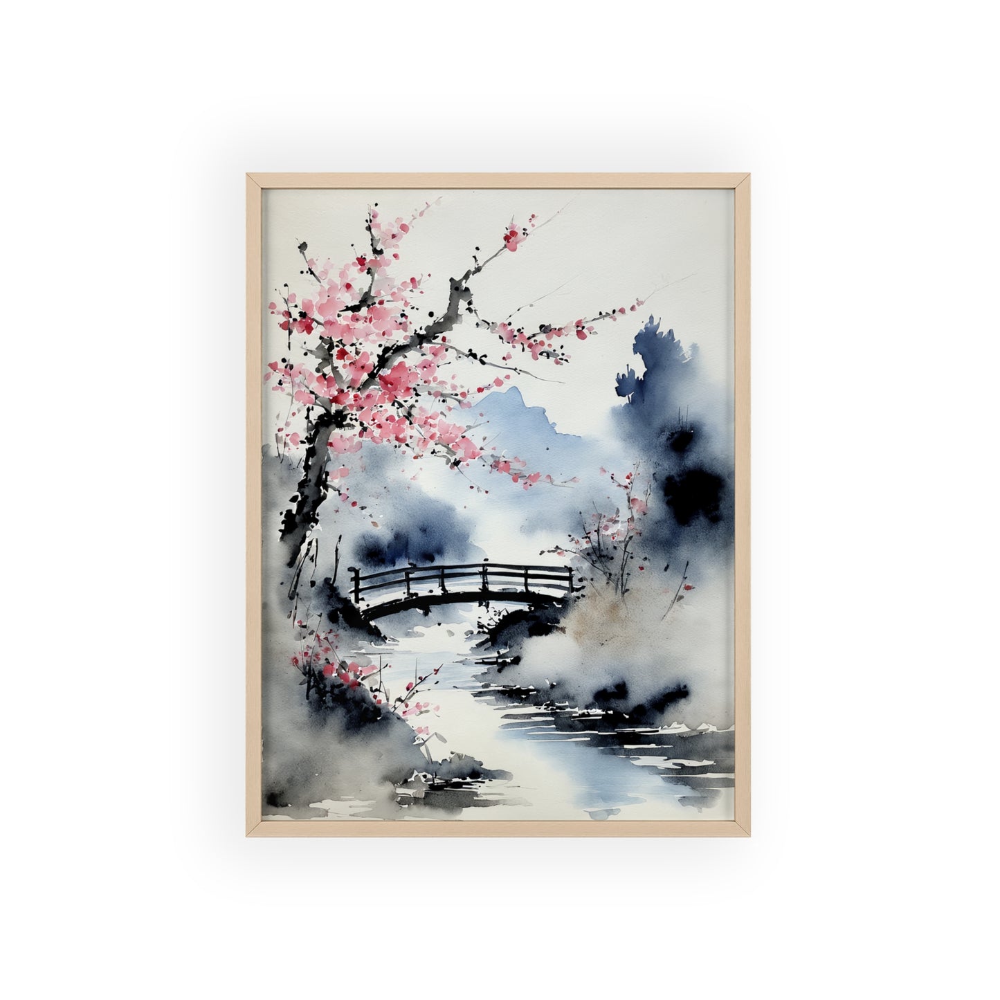 Sumi-e Art - The bridge • Traditional Japanese Art • Framed