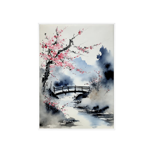 Sumi-e Art - The bridge • Traditional Japanese Art • Framed