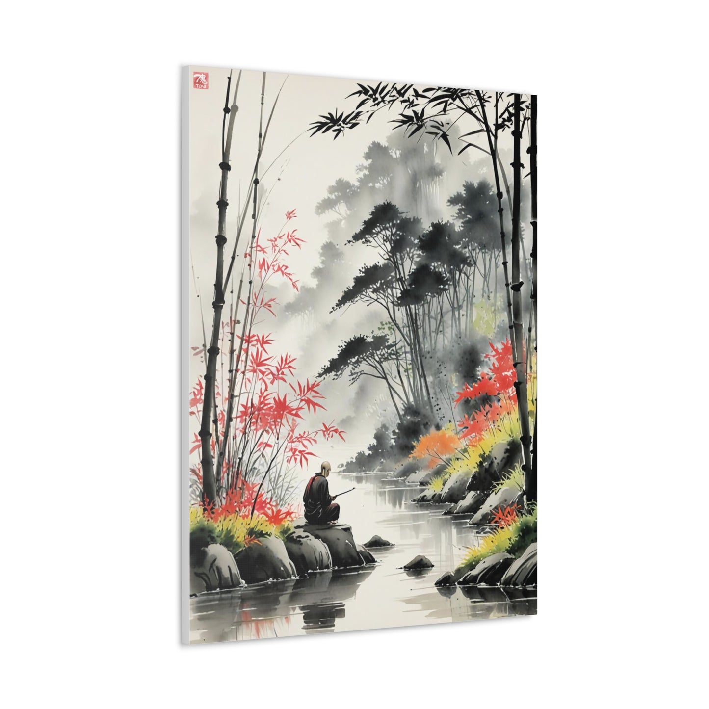 Sumi-e Art - Calm fishing spot • Traditional Japanese Art on high quality Canvas