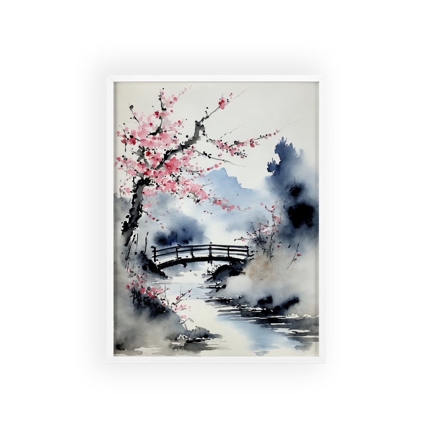 Sumi-e Art - The bridge • Traditional Japanese Art • Framed