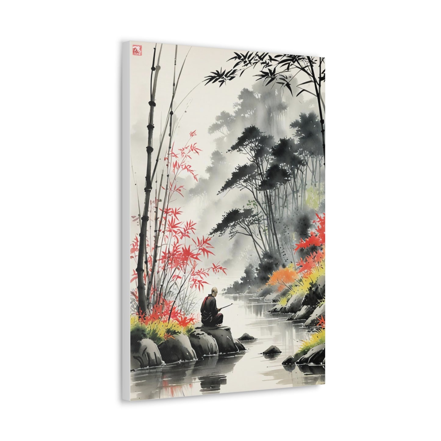 Sumi-e Art - Calm fishing spot • Traditional Japanese Art on high quality Canvas