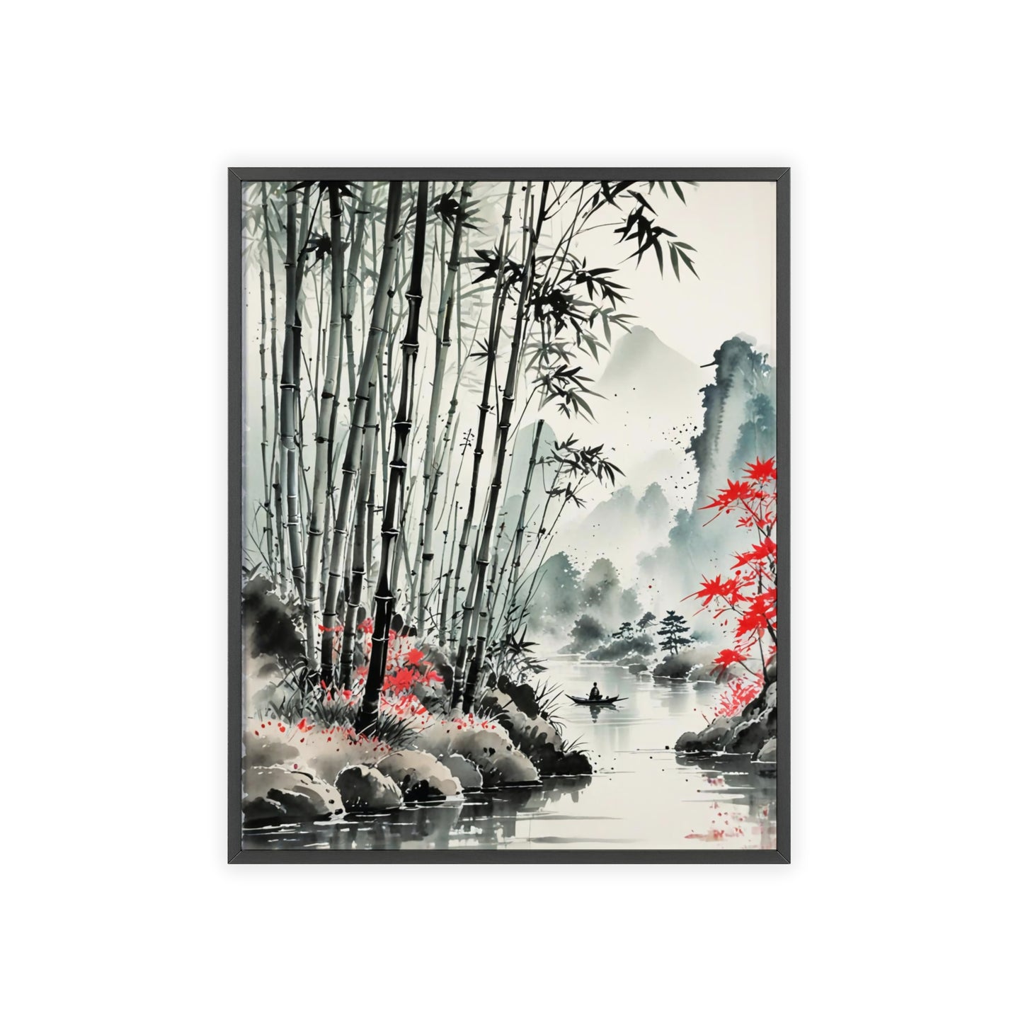 Sumi-e Art - Bamboo Pond • Traditional Japanese Art • Framed