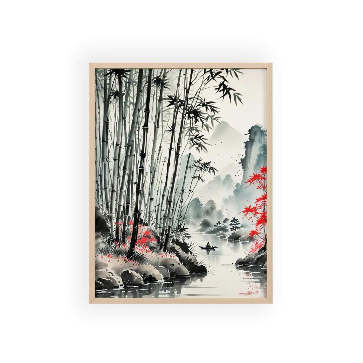 Sumi-e Art - Bamboo Pond • Traditional Japanese Art • Framed