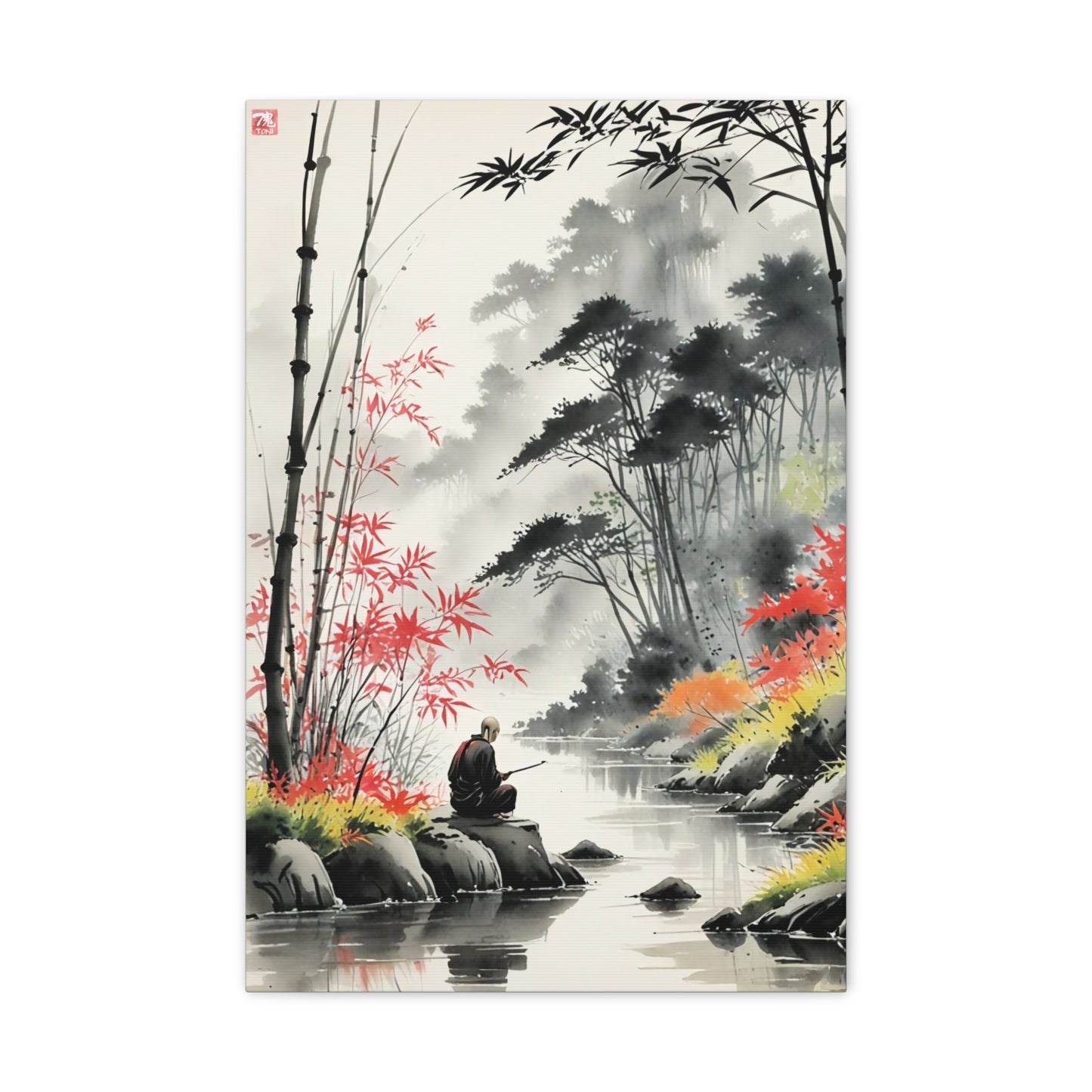 Sumi-e Art - Calm fishing spot • Traditional Japanese Art on high quality Canvas