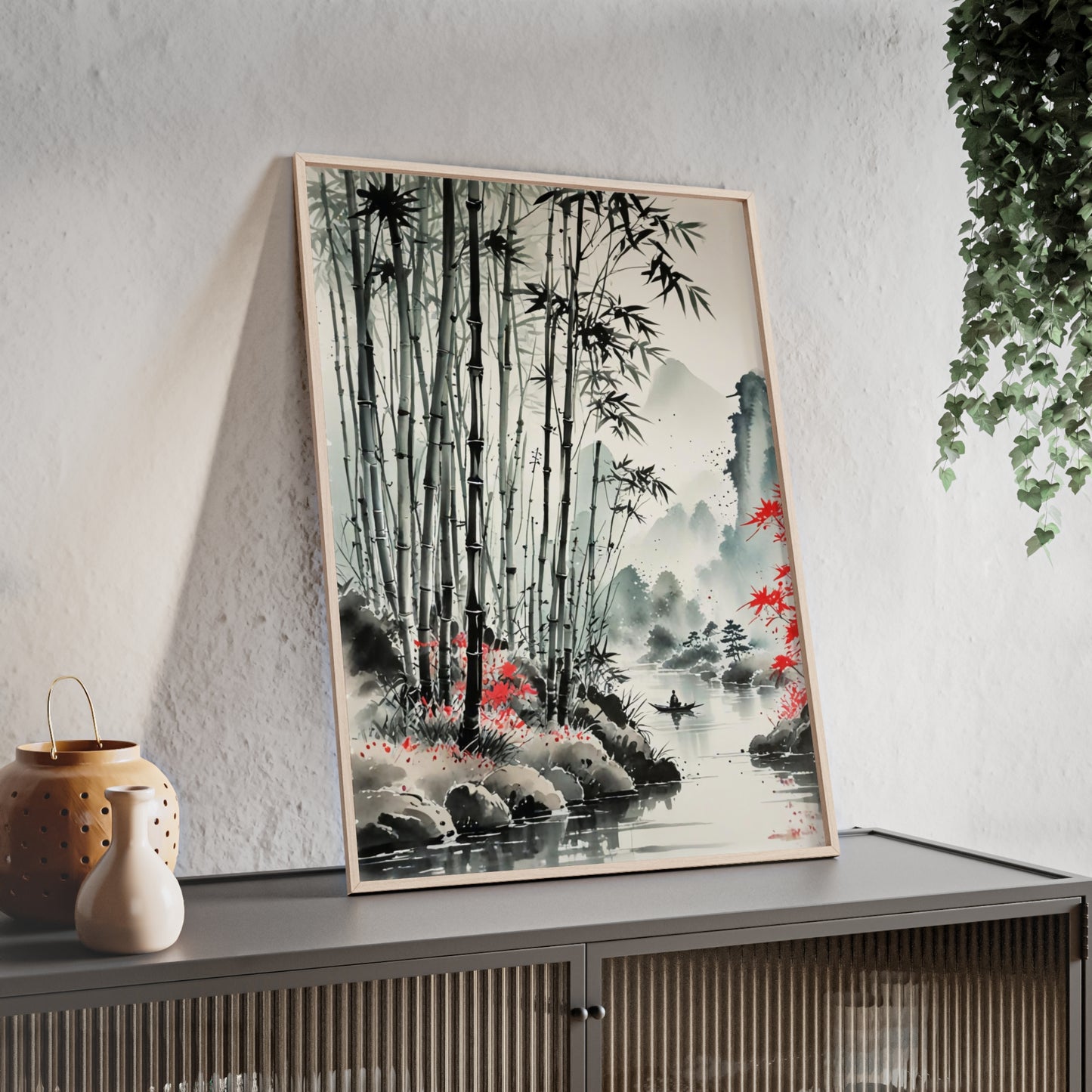 Sumi-e Art - Bamboo Pond • Traditional Japanese Art • Framed