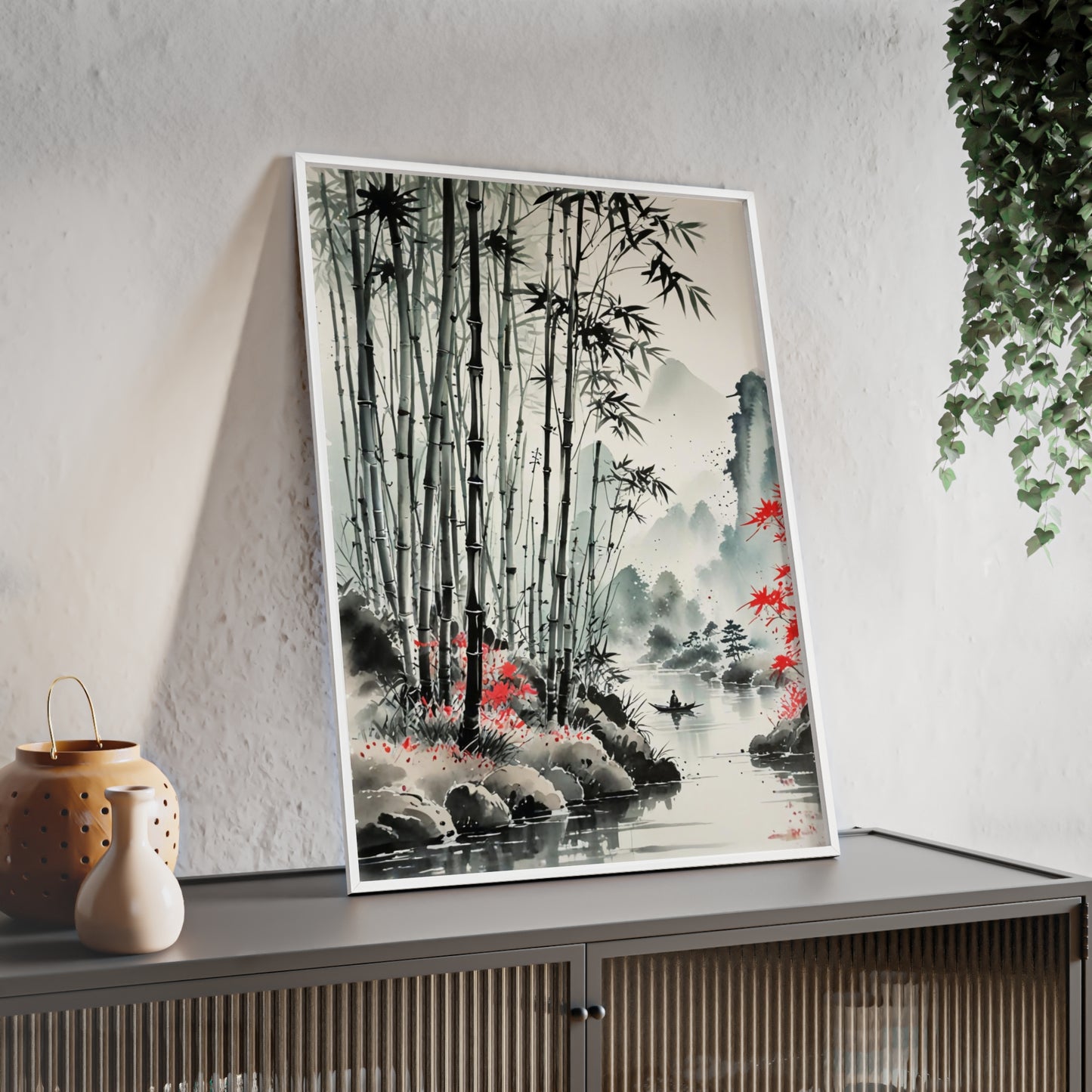 Sumi-e Art - Bamboo Pond • Traditional Japanese Art • Framed