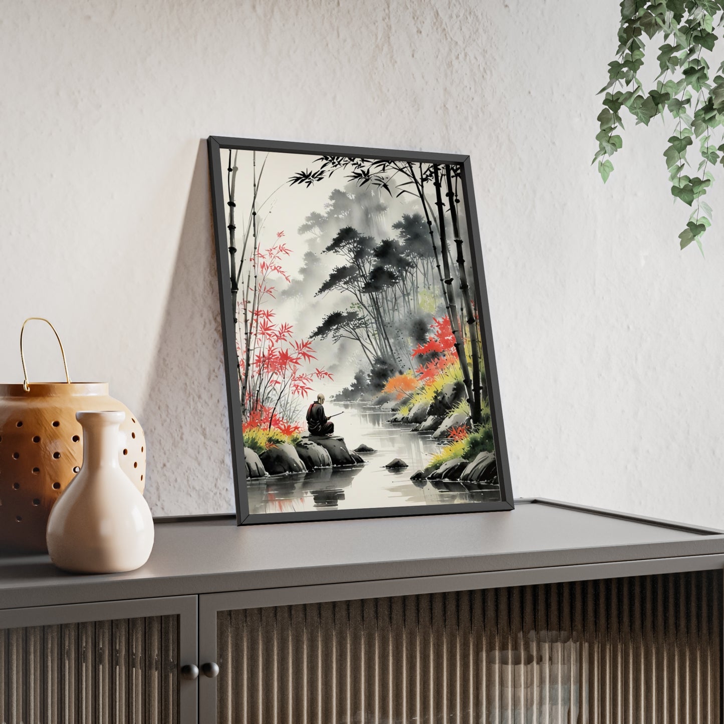 Sumi-e Art - Calm fishing spot • Traditional Japanese Art • Framed