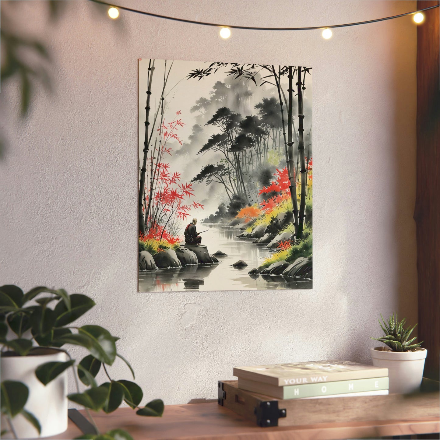 Sumi-e Art - Calm fishing spot 🇩🇪 GER Shipping - Traditional Japanese Art on Metal Poster