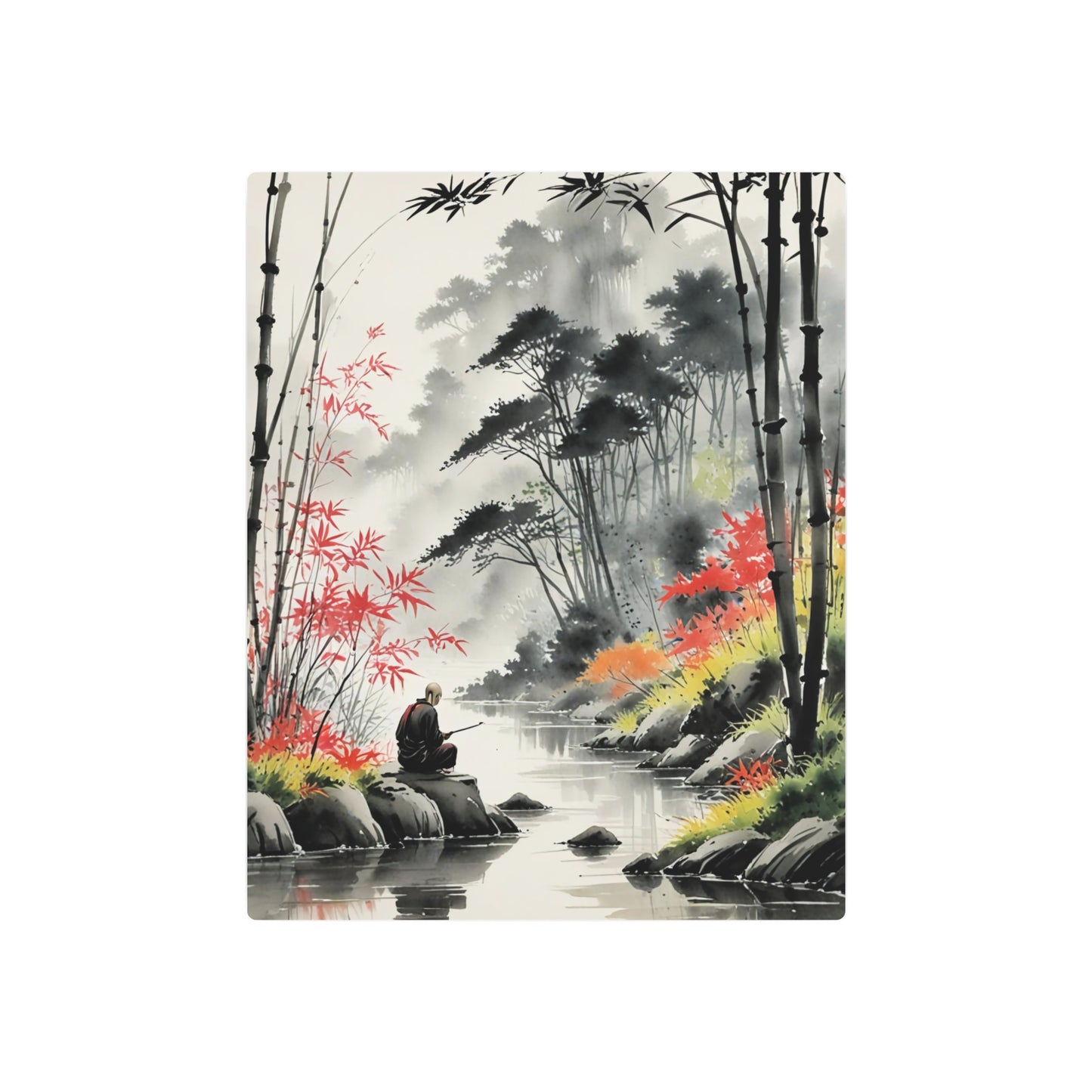 Sumi-e Art - Calm fishing spot 🇺🇸 US Shipping - Traditional Japanese Art on Metal Poster