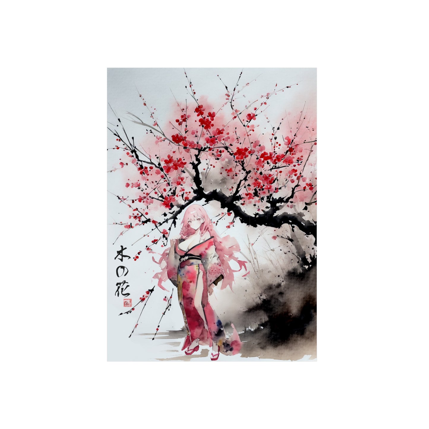 Sumi-Manga Art - Cherry Yokai 🇩🇪 GER Shipping - Traditional Japanese Art on Metal Poster