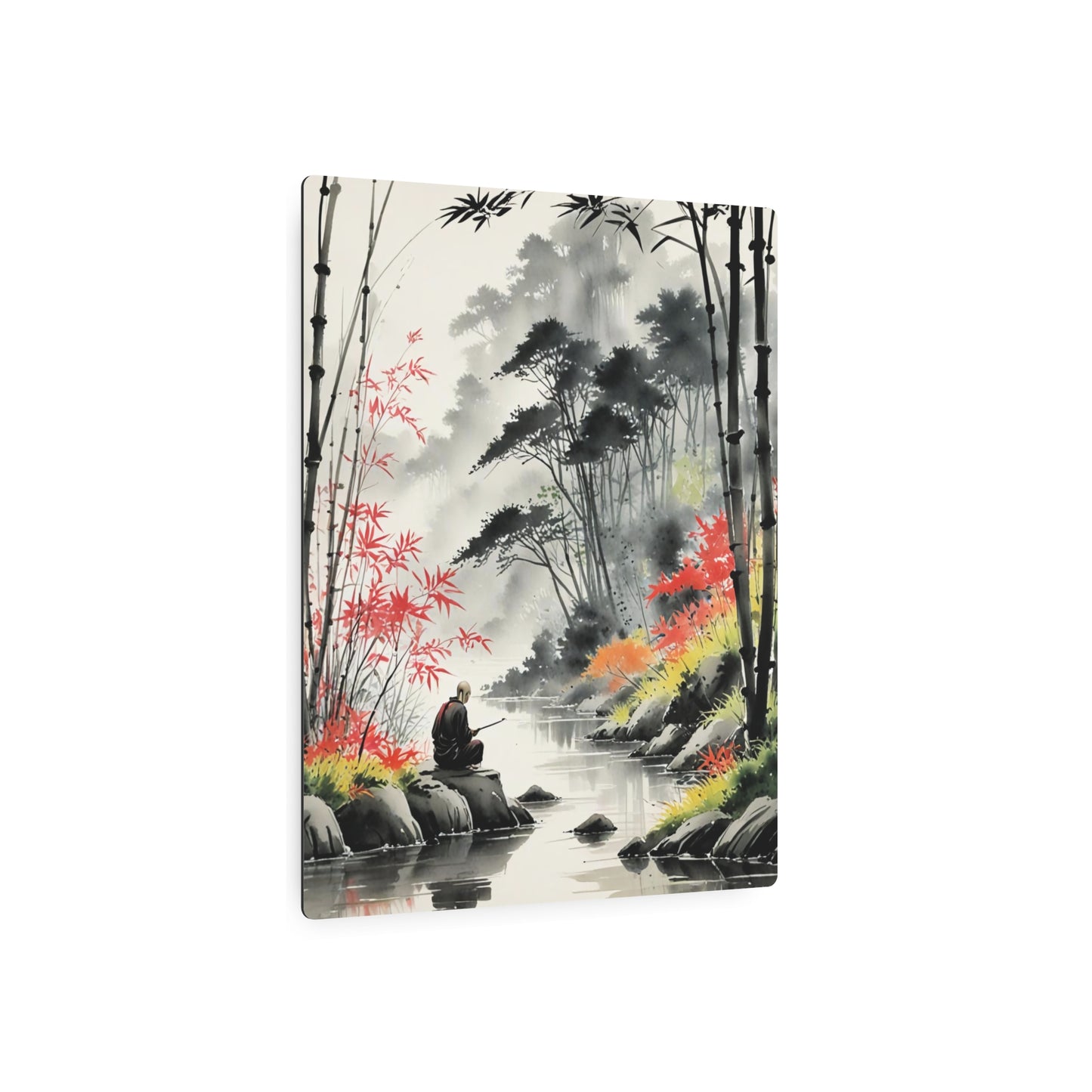 Sumi-e Art - Calm fishing spot 🇺🇸 US Shipping - Traditional Japanese Art on Metal Poster