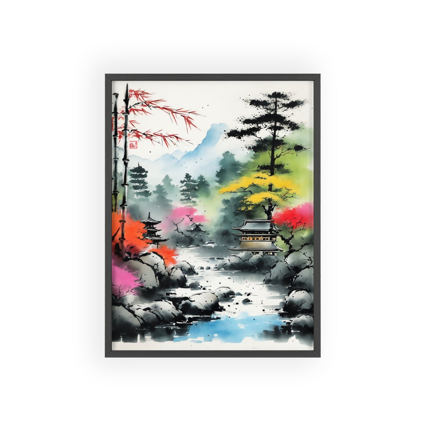 Sumi-e Art - Shambala Lake • Traditional Japanese Art • Framed